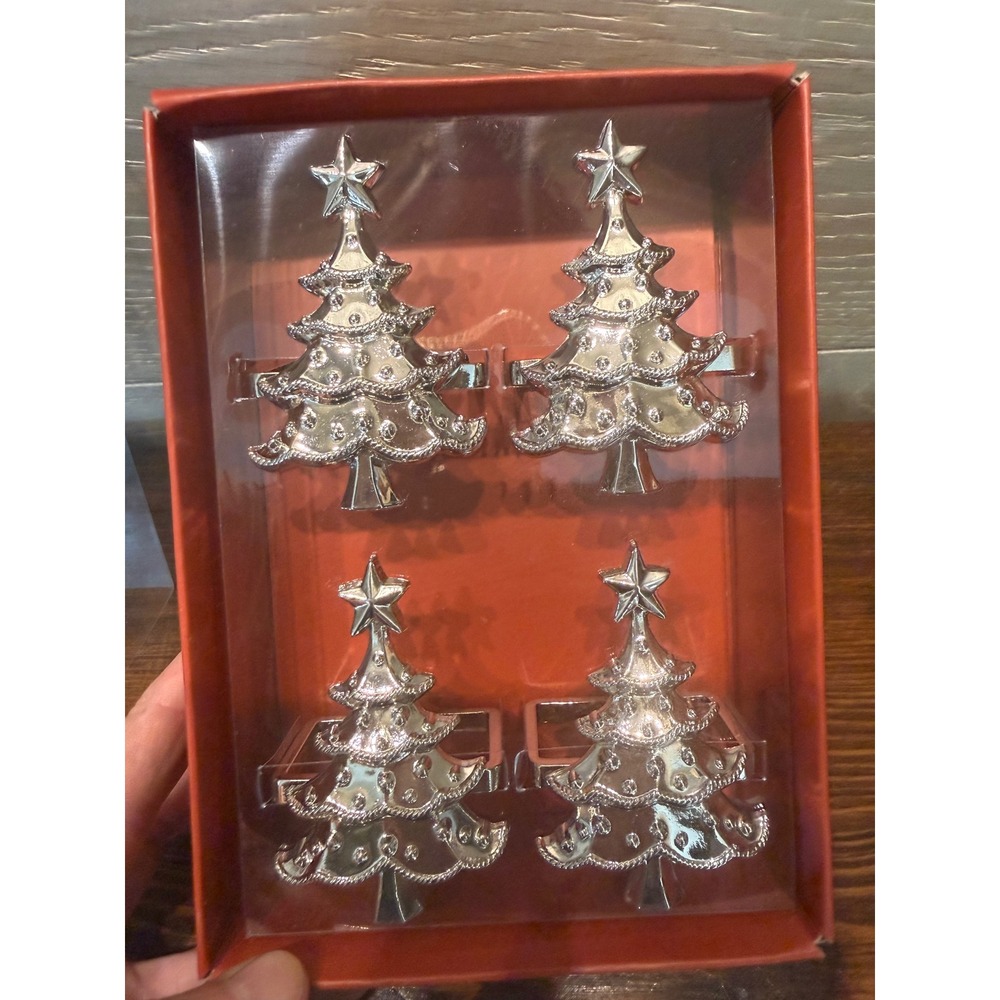 Lenox Holiday Noel Christmas Tree Napkin Rings Set of 4 Silver Tone 7170 NEW
